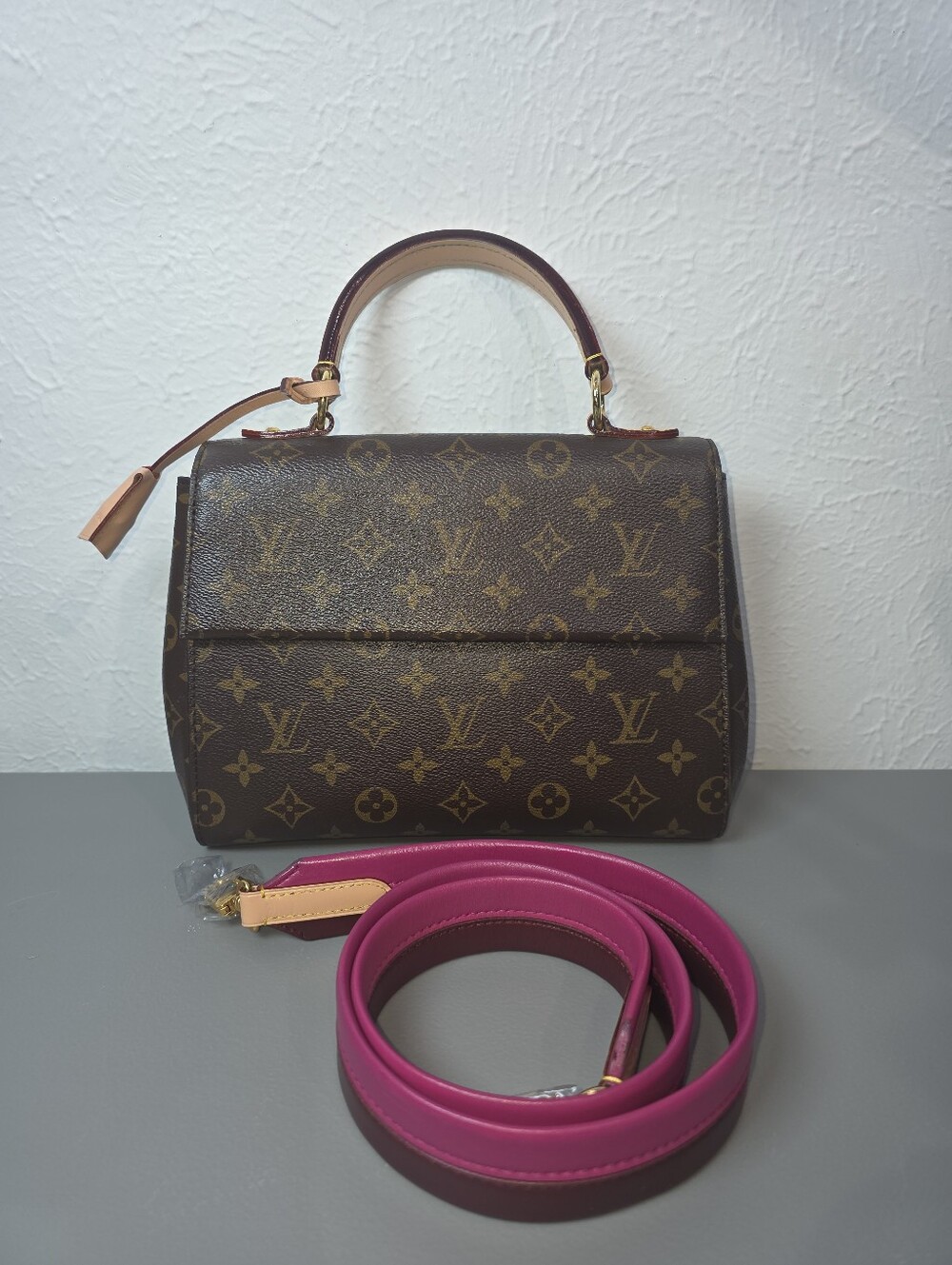 Louis Vuitton Monogram Cluny BB Handbag with Fuchsia Strap- FULL SET